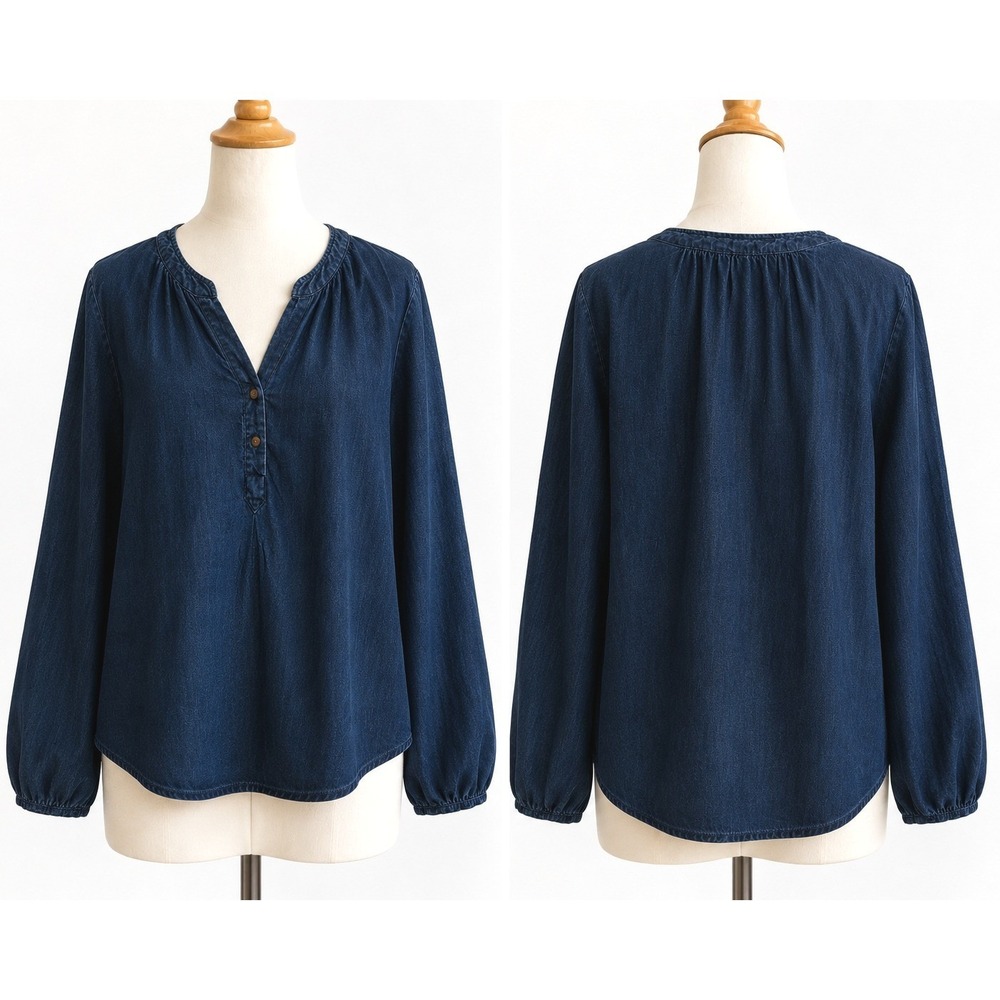 Old Navy Dark Indigo Chambray Blouse L Long Sleeve Boho Peasant Tunic